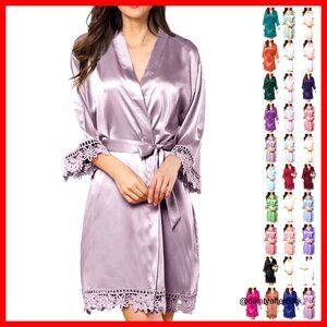 Silk Satin Robe with Lace Trim, V-Neck Kimono Bathrobe for Bridal